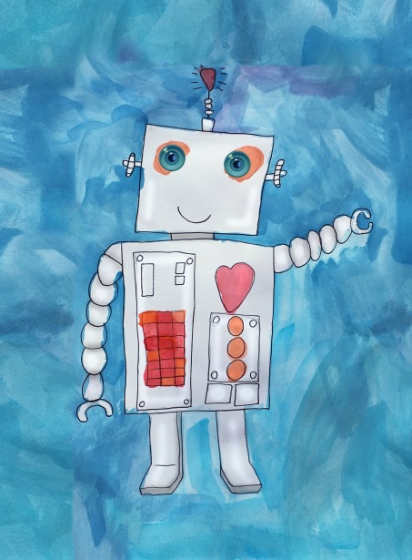 Dibujo infantil de un robot sobre fondo azul.