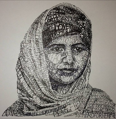 Dibujo del rostro de Malala, niña de origen pakistaní, en blanco y negro. Lleva la cabeza cubierta por un pañuelo.