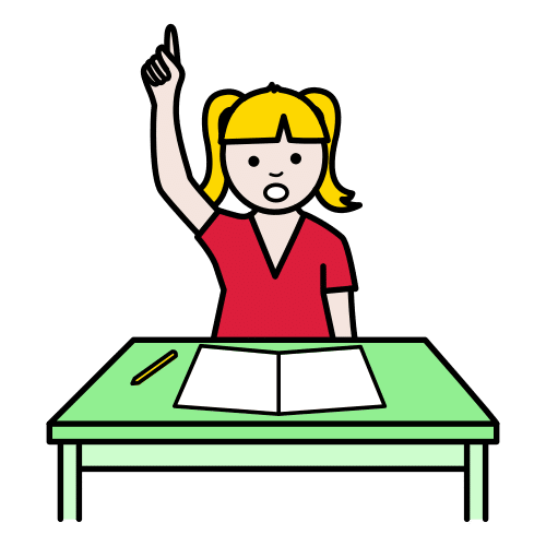 Esta imagen muestra a una niña con la mano levantada detrás de una mesa