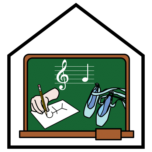 Esta imagen muestra una pizarra con notas musicales, zapatillas de bailarina y una mano dibujando en una hoja., 