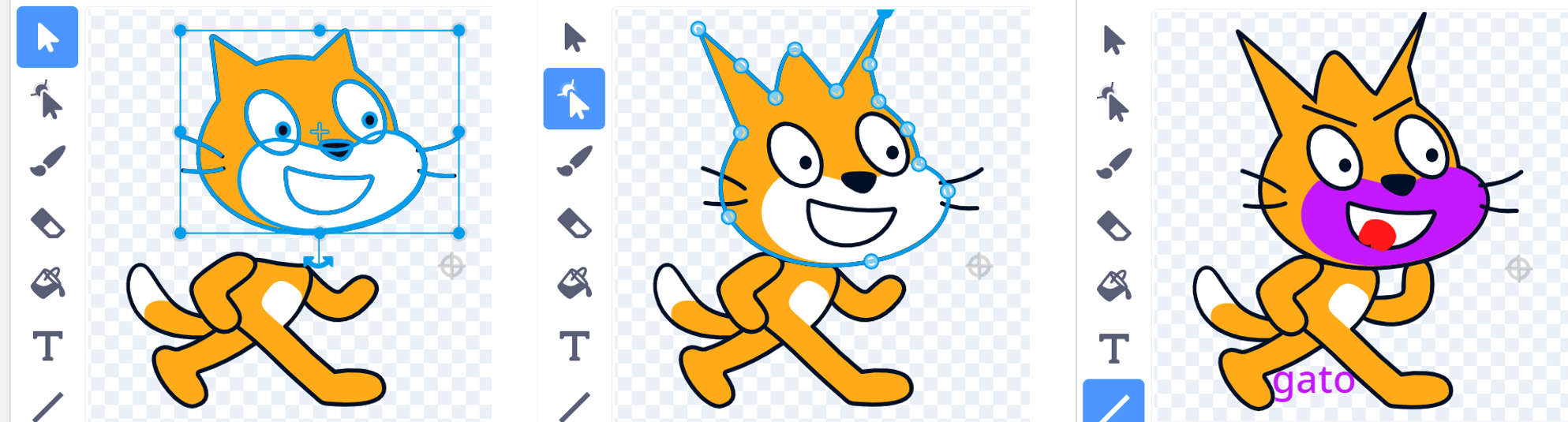 Se muestran tres imágenes del personaje Scratch transformado: a la izquierda, se le ha separado la cabeza; a la derecha tiene otros cambios: cejas, lengua roja, giro del brazo y texto; en la imagen central tiene señalados unos nodos formando una especie de corona.