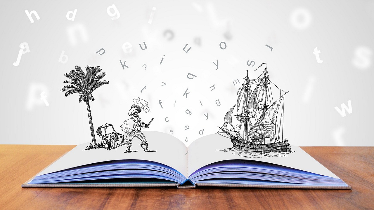 Imagen de un libro abierto del que salen personajes, objetos y letrasImagen de un libro abierto del que salen personajes, objetos y letras