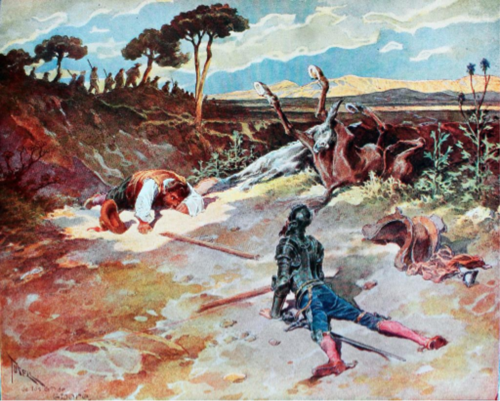 Escena que muestra D. Quijote y Sancho tirados en el suelo en mal estado.