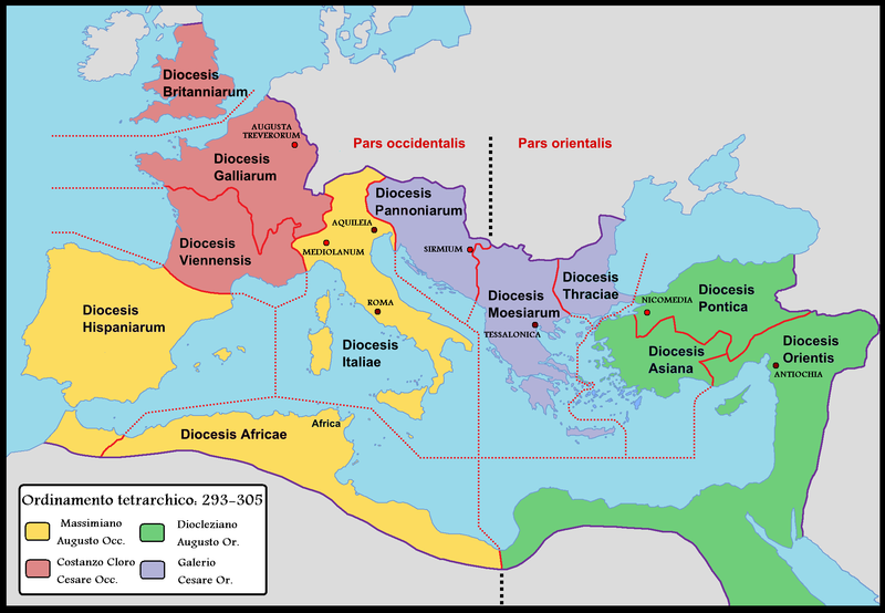 Mapa de la división del Imperio romano en prefecturas y diocesis, según el plan de Diocleciano