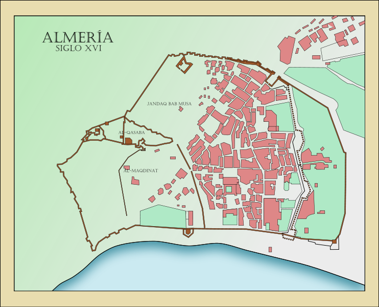 El plano de Almería en el siglo XVI, todavía demostraba claramente la herencia urbana de la presencia musulmana en la ciudad.