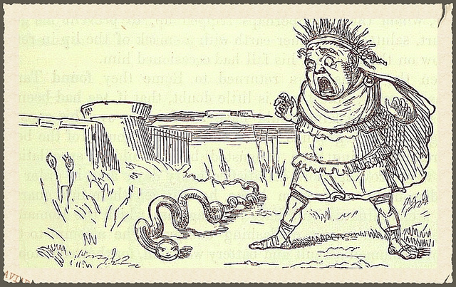 Viñeta que presenta a Tarquinio tropezándose con una serpiente