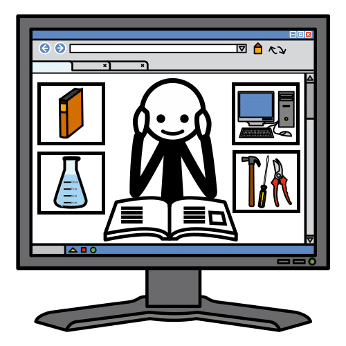Imagen de una pantalla de ordenador en la que aparece una persona estudiando y rodeado de distintos elementos: un libro, un ordenador, herramientas y un matraz.