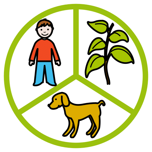 Dentro de un círculo hay un perro, un ser humano y una planta