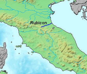 Mapa de la península Itálica en la que se sitúa el curso del río Rubicón