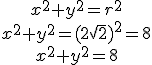 \begin{array}{c}x^2+y^2=r^2\\x^2+y^2=(2\sqrt2)^2=8\\x^2+y^2=8\end{array}