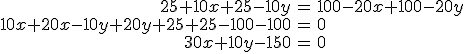 \begin{array}{rcl} 25+10x+25-10y & = &  100-20x+100-20y \\ 10x+20x-10y+20y+25+25-100-100 & = &  0 \\ 30x+10y-150 & = &  0 \\ \end{array}
