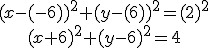 \begin{array}{c} (x-(-6))^2+(y-(6))^2=(2)^2 \\ (x+6)^2+(y-6)^2=4 \end{array}