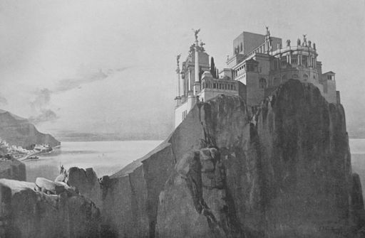Dibujo que recrea la majestuosa villa de Tiberio en la isla de Capri