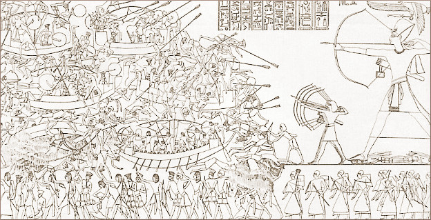 Batalla del Delta entre Ramsés III y los pueblos del mar en el siglo XII a. C. Templo de Medinet Habu, Tebas.