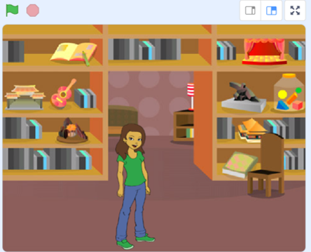 Imagen del escenario de Scratch: estanterías con libros y objetos y personaje femenino en el centro.