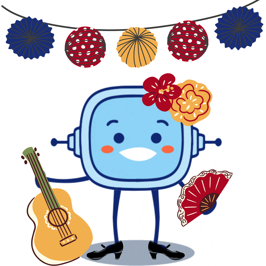 La imagen muestra a Rétor con una guitarra, un abanico, dos flores en la cabeza, zapatos de tacón y encima una guinalda de feria