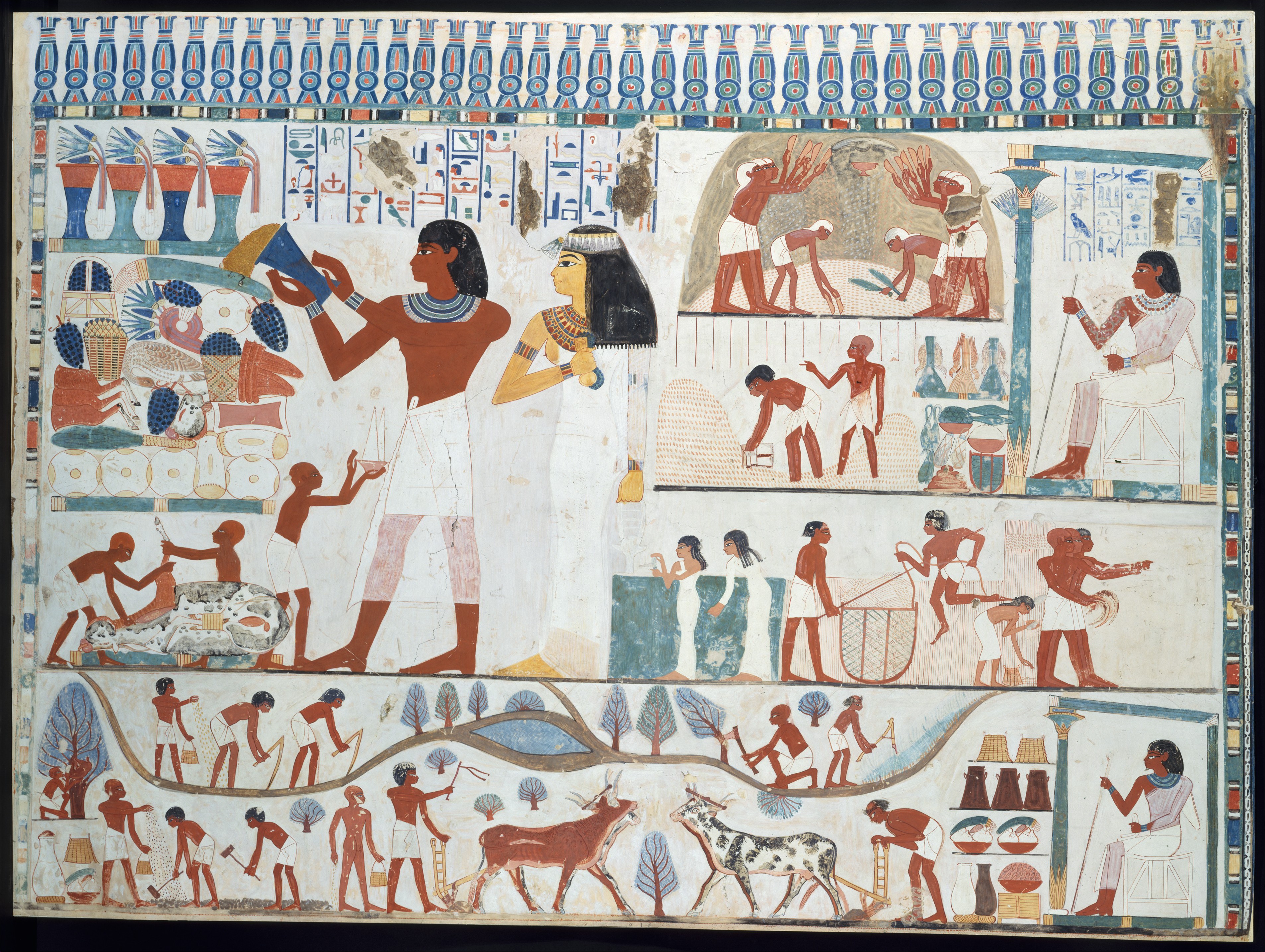 La imagen muestra varias escenas de la agricultura en el antiguo Egipto