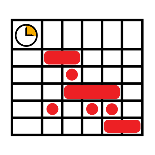 La imagen muestra un calendario con diferentes días y horarios señalizados con una franja roja.