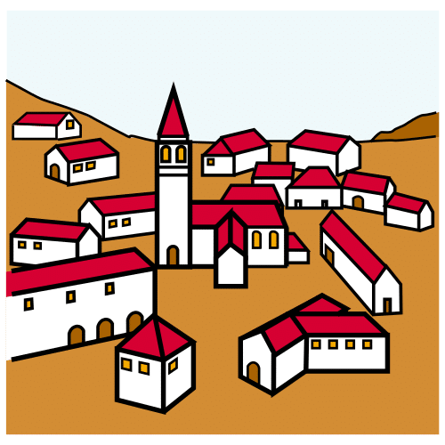 Localidad La imagen muestra un conjunto de casas de color blanco con el techo rojo.
