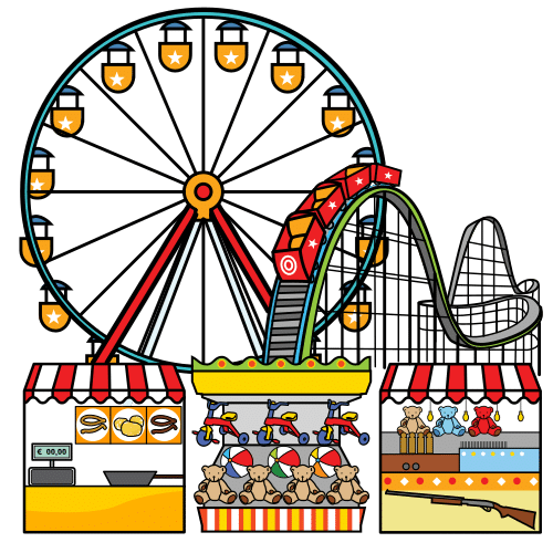 Recinto ferial La imagen muestra diferentes atracciones infantiles y puestos de comida y juegos.