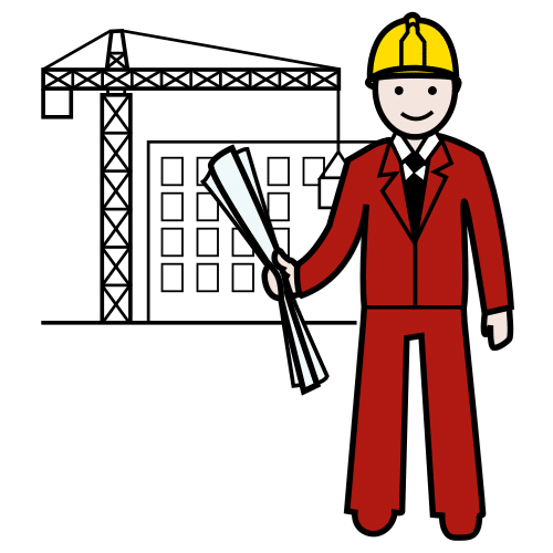 Arquitecto La imagen muestra a un hombre con unos planos en la mano, detrás de él aparece una obra en construcción.
