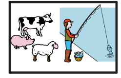 Agropecuario La imagen muestra a la izquierda animales y a la derecha un hombre pescando.