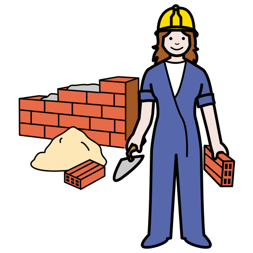 En la imagen aparece una mujer con herramientas de construcción haciendo un muro de ladrillo