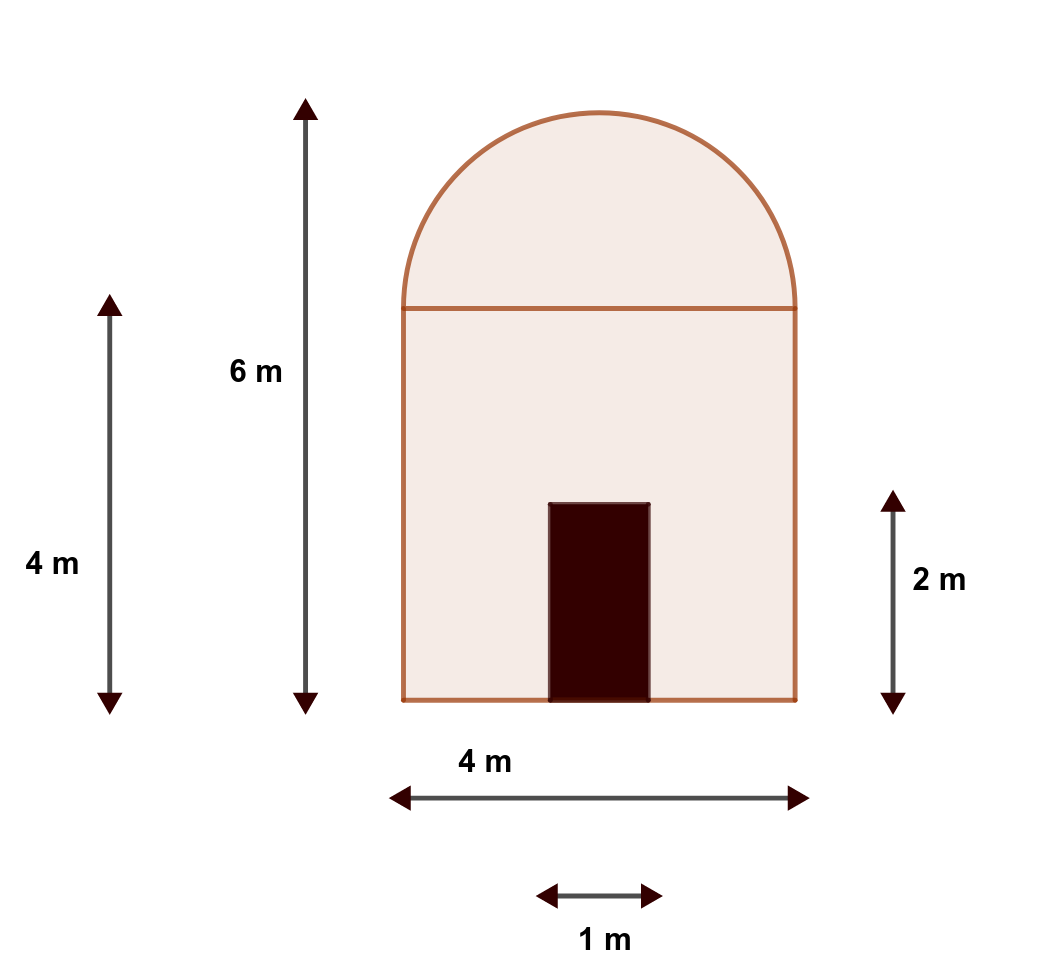 En la imagen se muestra un frontal de una caseta con la parte superior con forma de semicircunferencia con unabase de 4 metros, una altura total de 6 metros, una altura de la base de 4 metros y una puerta de dos por un metro