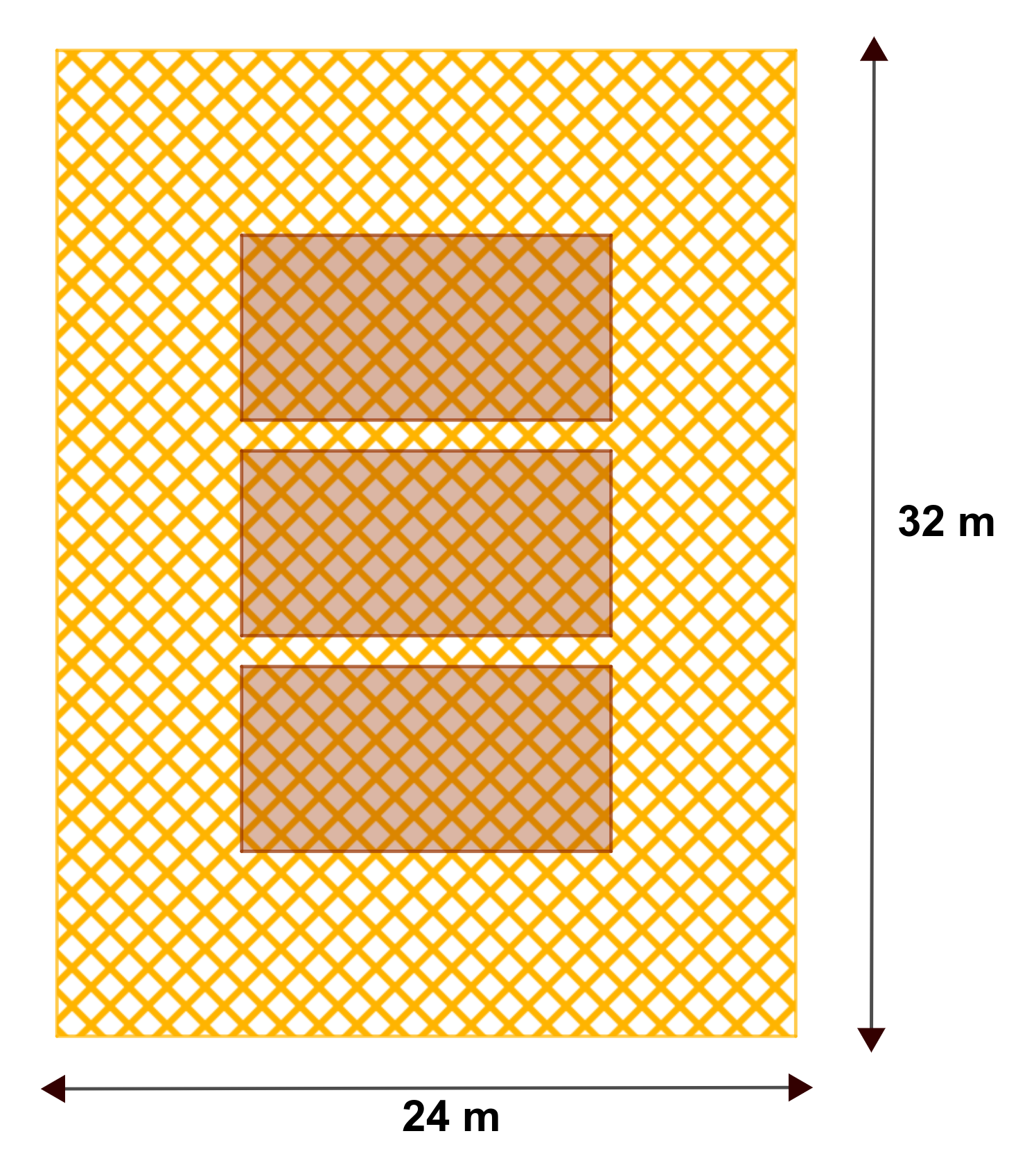 La imagen muestra un rectángulo de 24 metros de ancho y 36 de largo. Dentro hay tres recintos de la smismas dimensiones y un espacio entre ellos.