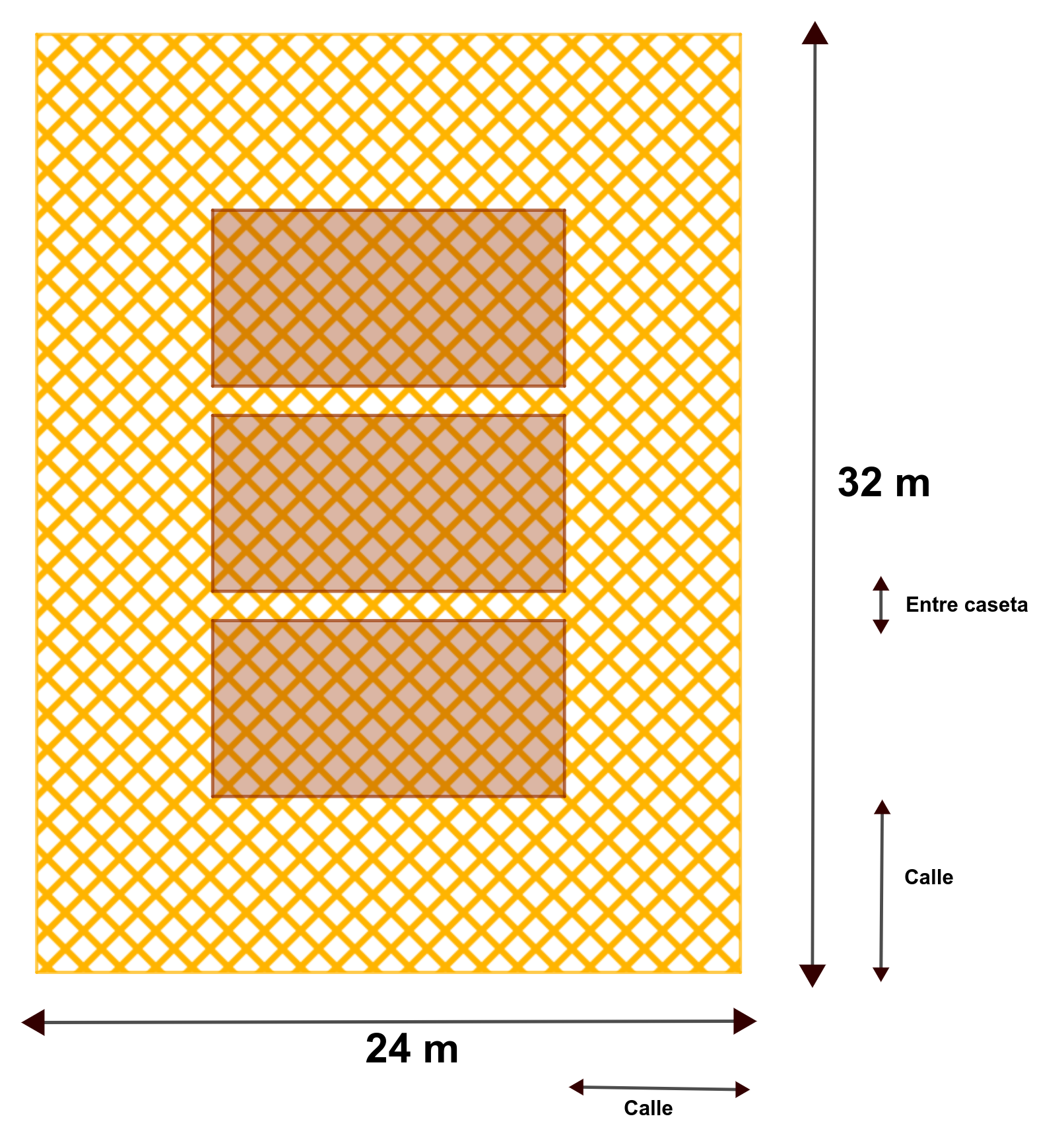La imagen muestra un rectángulo de 24 metros de ancho y 36 de largo. Dentro hay tres recintos de la smismas dimensiones y un espacio entre ellos. Se indica el espacio de la calle y el que hay entre las casetas