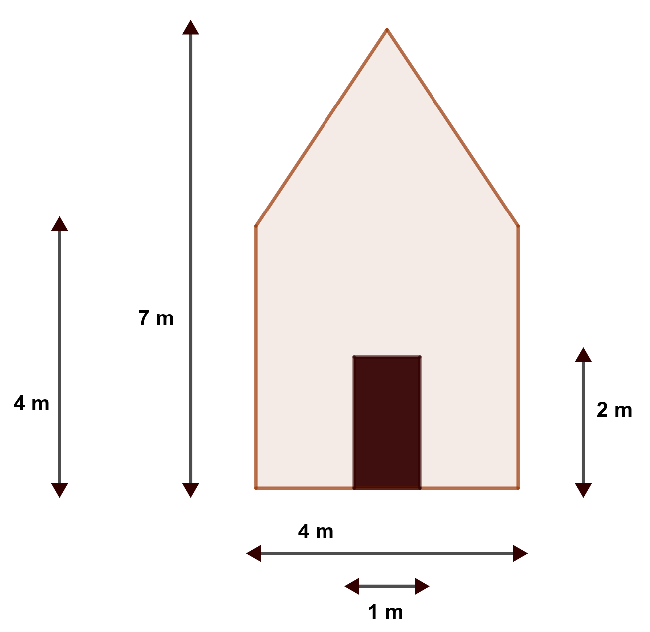 En la imagen aparece el frontal de una caseta cuya base mide 4 metros, la altura total es de 7 metros y la altura del rectángulo inferior es de 4 metros. Tiene una puerta de 1 por 2 metros