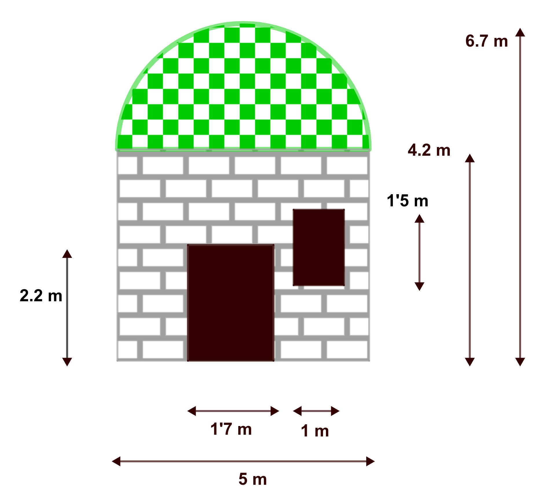 En la imagen aparece un frontal de caseta con las sigueintes dimensiones: base cinco metros, altura total 6.7 metros, altura de la parte inferior 4,2 metros, una puerta de 1,7 por 2,2 metros y una ventana de un metro por 1,5 metros