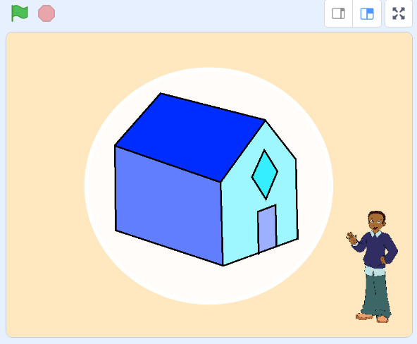En la imagen aparece una escena del programa Scratch utilizado para trabajar las estructuras y modelos (simples) de maquetas de casetas