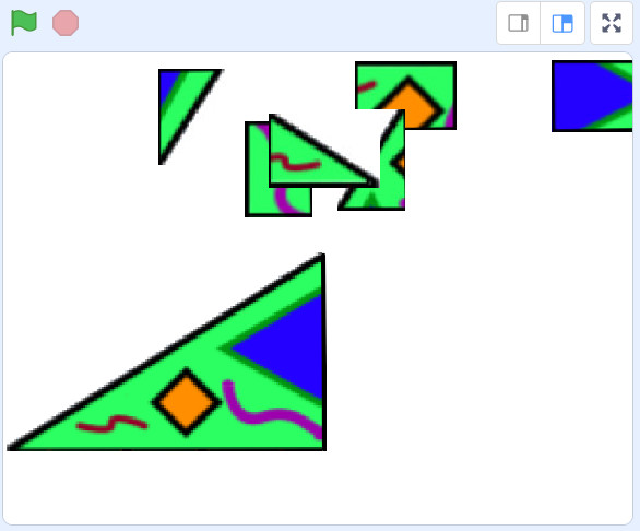 En la imagen aparece una escena del programa Scratch utilizado para realizar un puzle y trabajar la simetría de figuras geométricas 