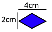 La imagen muestra un rombo azul de diagonales 2cm y 4cm