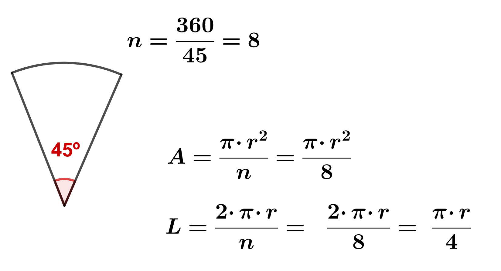 La imagen muestra el área y la longitud de un arco de 45 grados haciendo el cociente del área y la longitud de una circunferencia entre 8