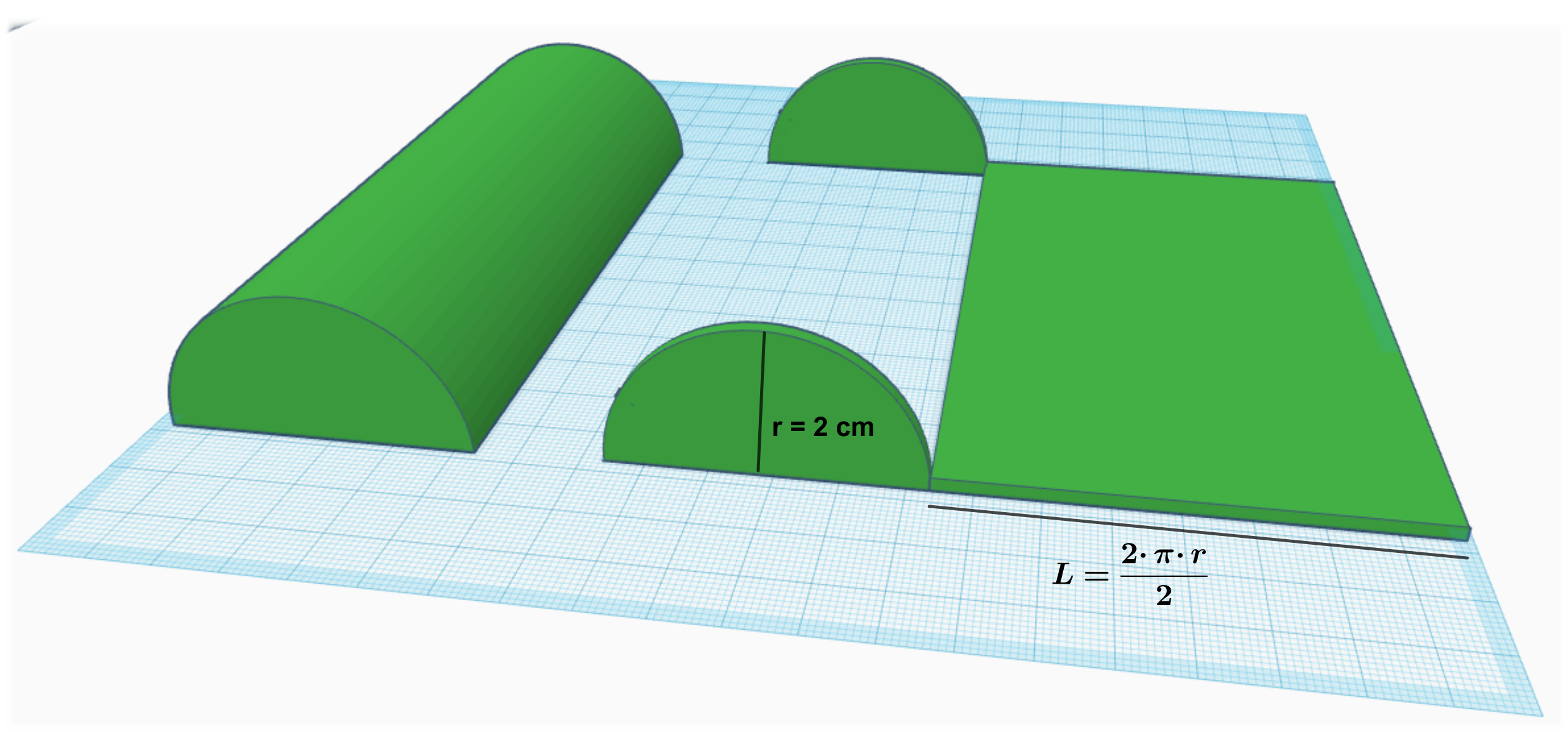 La imagen muestra cómo calcular la longitud del ancho del rectángulo que forma el techo como la mitad de la longitud de la circunferencia que da forma al frontal: un medio de 2 por pi por el radio