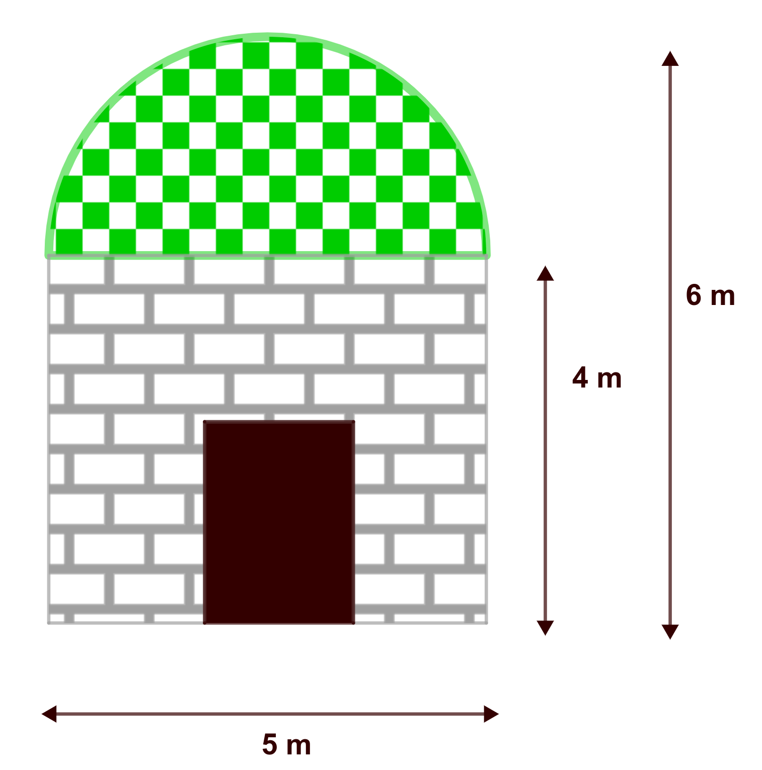 La imagen muestra un frontal con la parte de arriba semicircula cuyas dimensiones son 6 metros de alto en total, 5 metros de anchura de la base y 4 metros de altura de la base rectangular