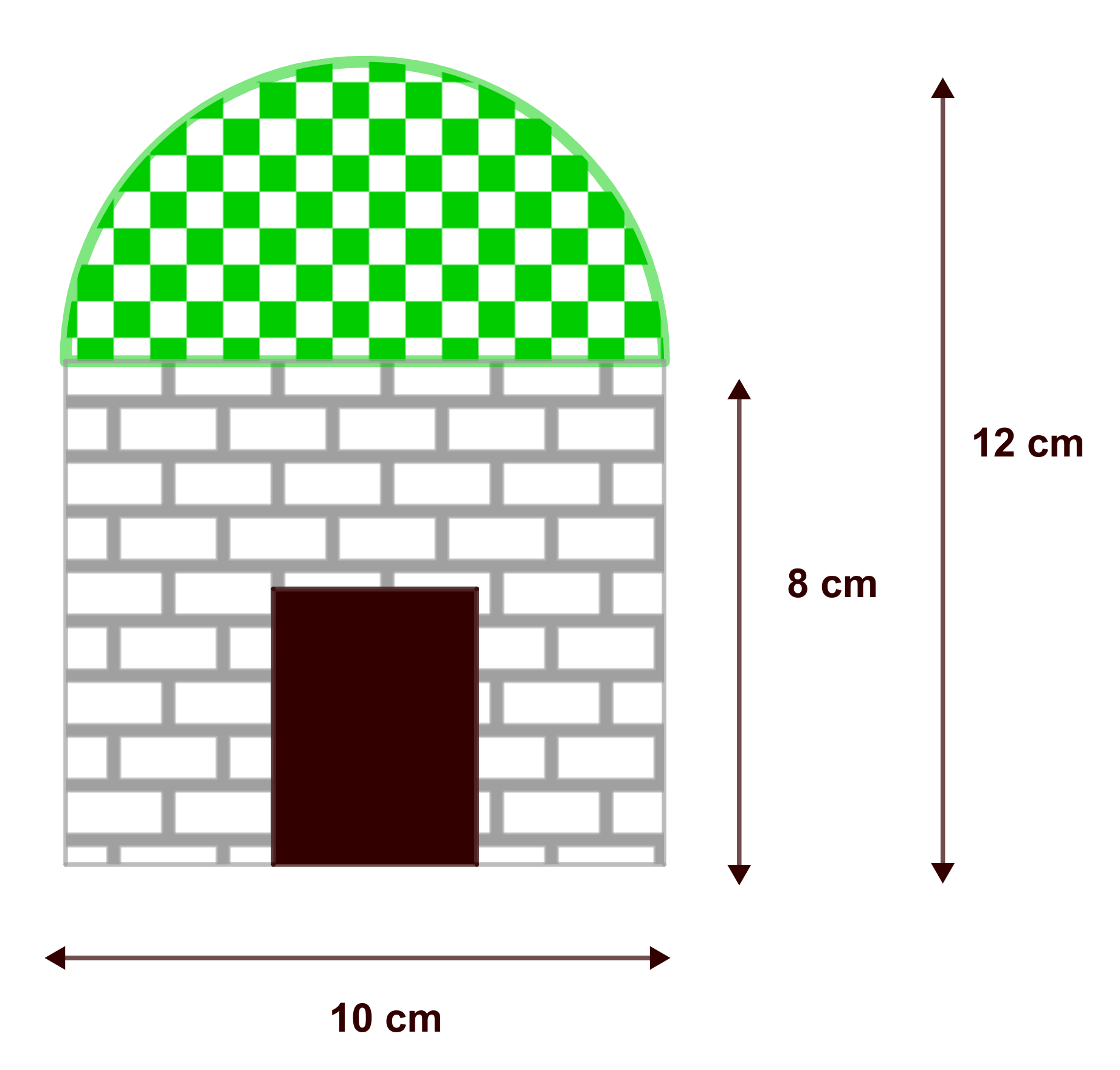 La imagen muestra el frontal de una caseta con la parte superior semicircular con una base de 10 cm, una altura total de 12 cm y la altura hasta la semicircunferencia de 8 cm