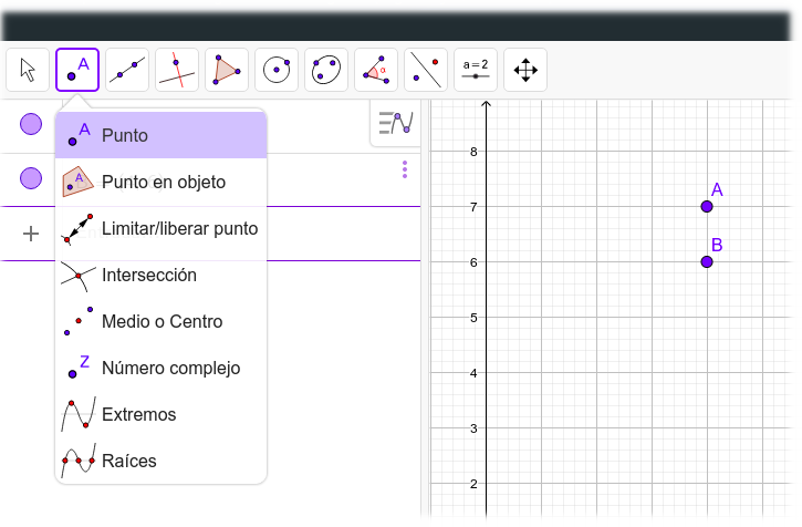 La imagen muestra dos puntos en el plano de una pantalla de geogebra, (4,6) y (4,7)