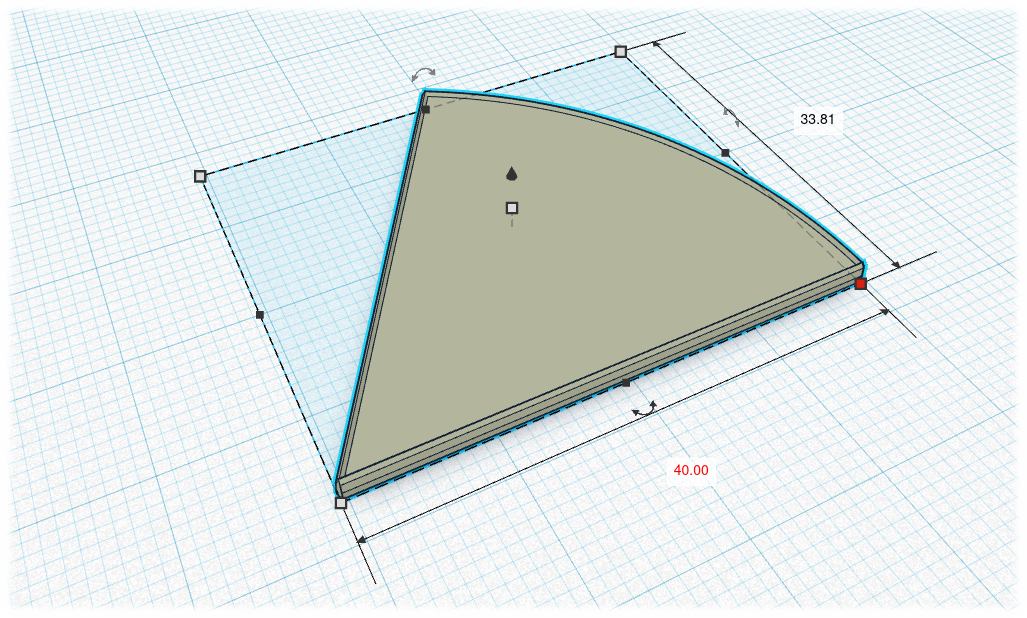 La imagen muestra el modelo 3D del sector circular y cómo modificar la longitud del lado