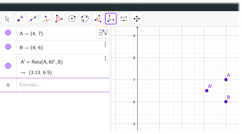 La imagen muestra los dos puntos iniciales en la pantalla y otro rotado desde A en torno a B 60º