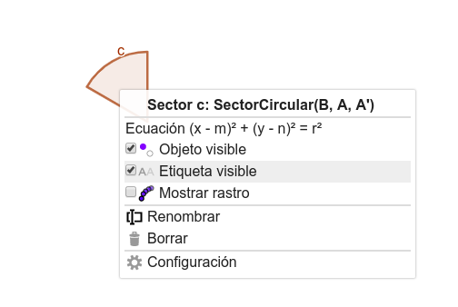 La imagen mnuestra la opción para no mostrar la etiqueta del sector circular que aparece al pulsar sobre este objeto con el botón derecho del ratón