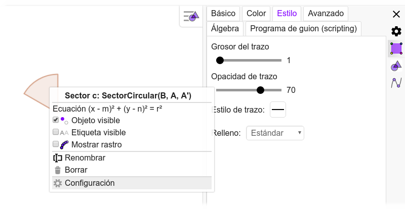 La imagen muestra cómo modificar el grosor del trazo del sector circular seleccionando la configuración al presionar con el botón derecho sobre el objeto y modificando el parámetro en la sección estilo