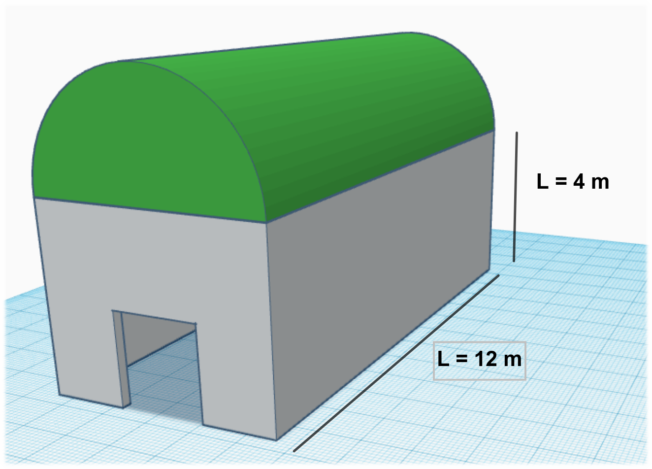 La imagen muestra el modelo tridimensional de la caseta con un largo de la ase igual a 12 metros y una altura del lateral de 4 metros