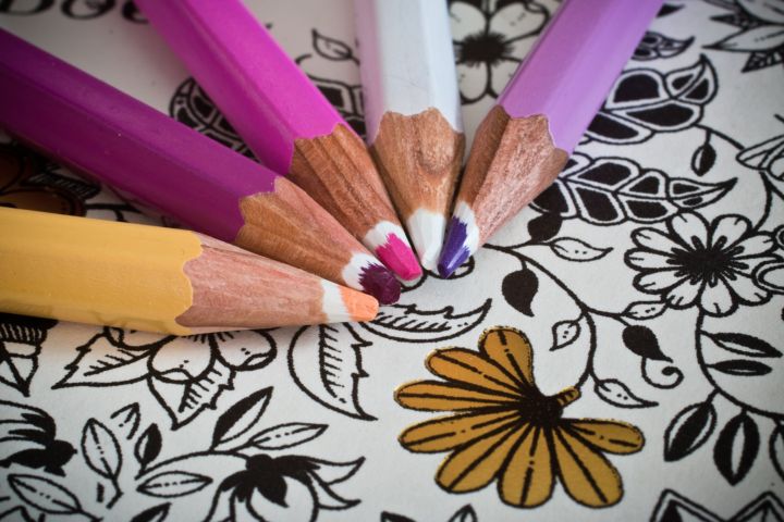 Aparece una fotografía de una plantilla con unas flores y unos lápices para pintar según el modelo y los colores que te indican.