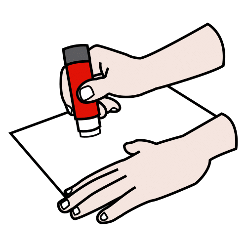 Pictograma de una mano usando pegamento para pegar un folio o cualquier otra cosa.