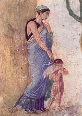 fresco que representa a una mujer con un pequeño Cupido