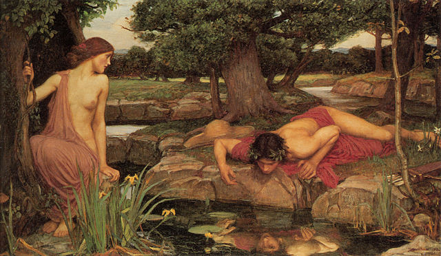 Narciso contempla su imagen reflejada en el agua ante la mirada de la ninfa Eco