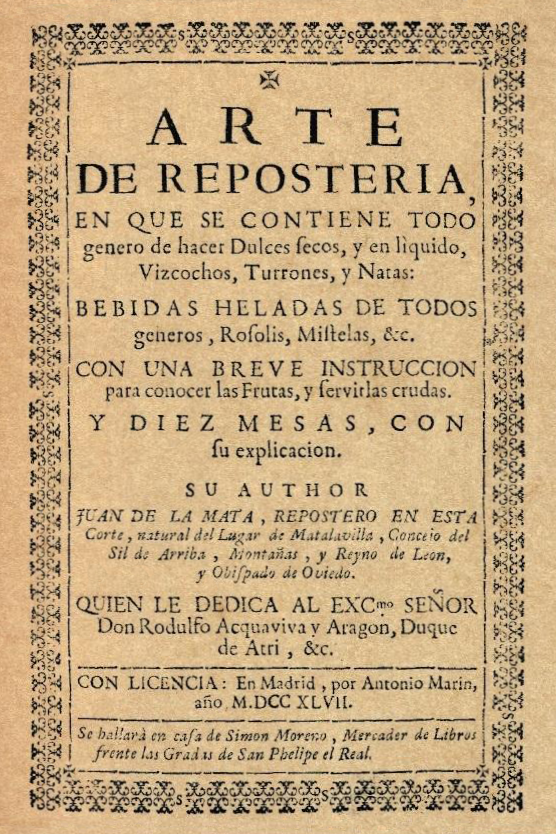 La imagen muestra la portada de un libro de recetas publicado el año 1747